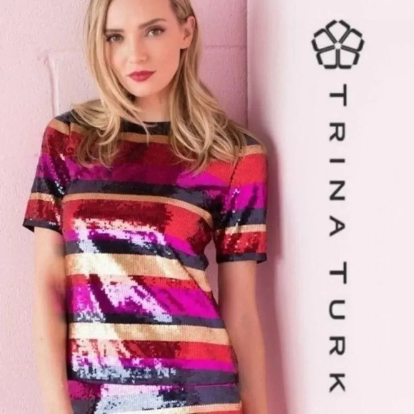 Trina Turk Gin Fizz Sequin Stripe Short Sleeve Blouse XS - Picture 1 of 7